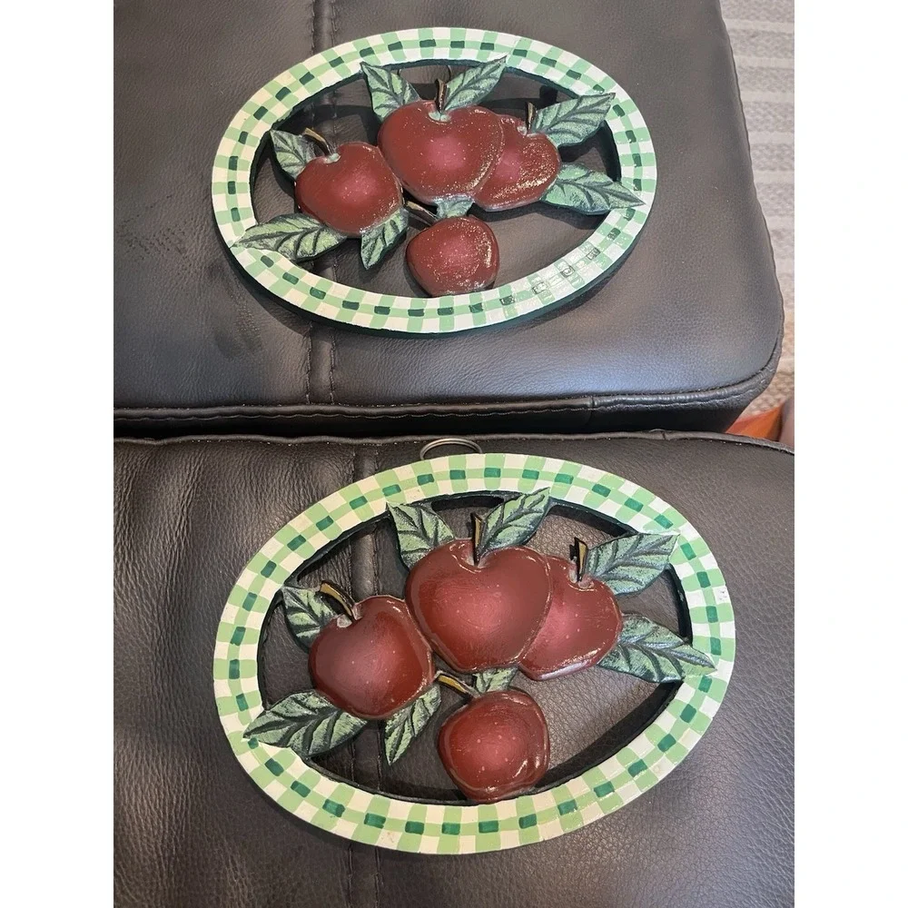 Apple Cast Iron RED APPLES w GREEN GINGHAM Trivet RETRO Oval